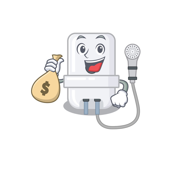 Crazy rich electric water heater mascot design having money bags. Vector illustration